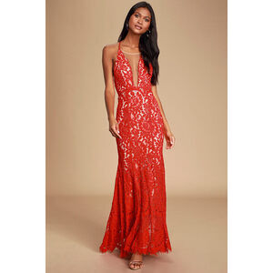 Lulus Practically Perfect Red And Nude Lace Mermaid Maxi Dress - Size S